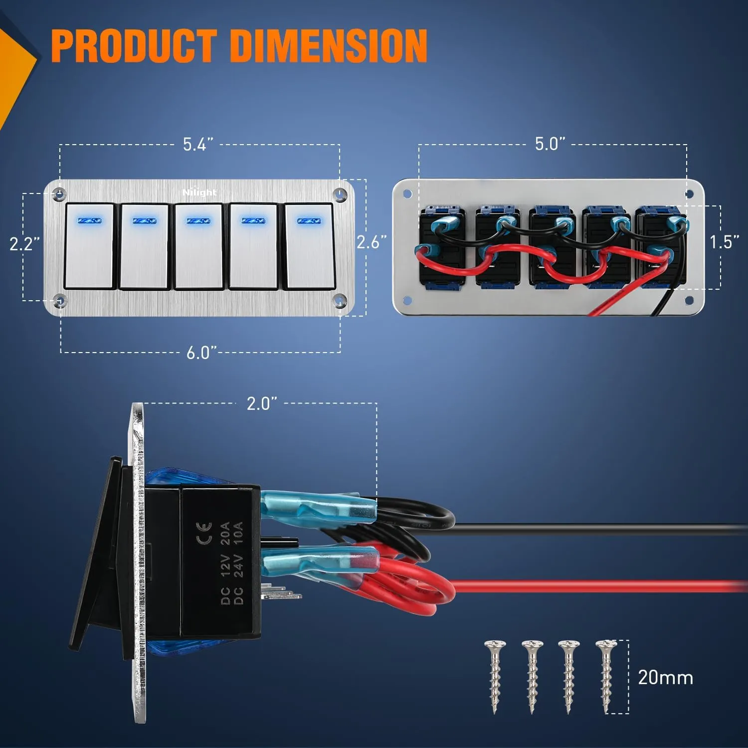 5Gang Aluminum 3Pin ON/Off Blue Led Rocker Switch Panel