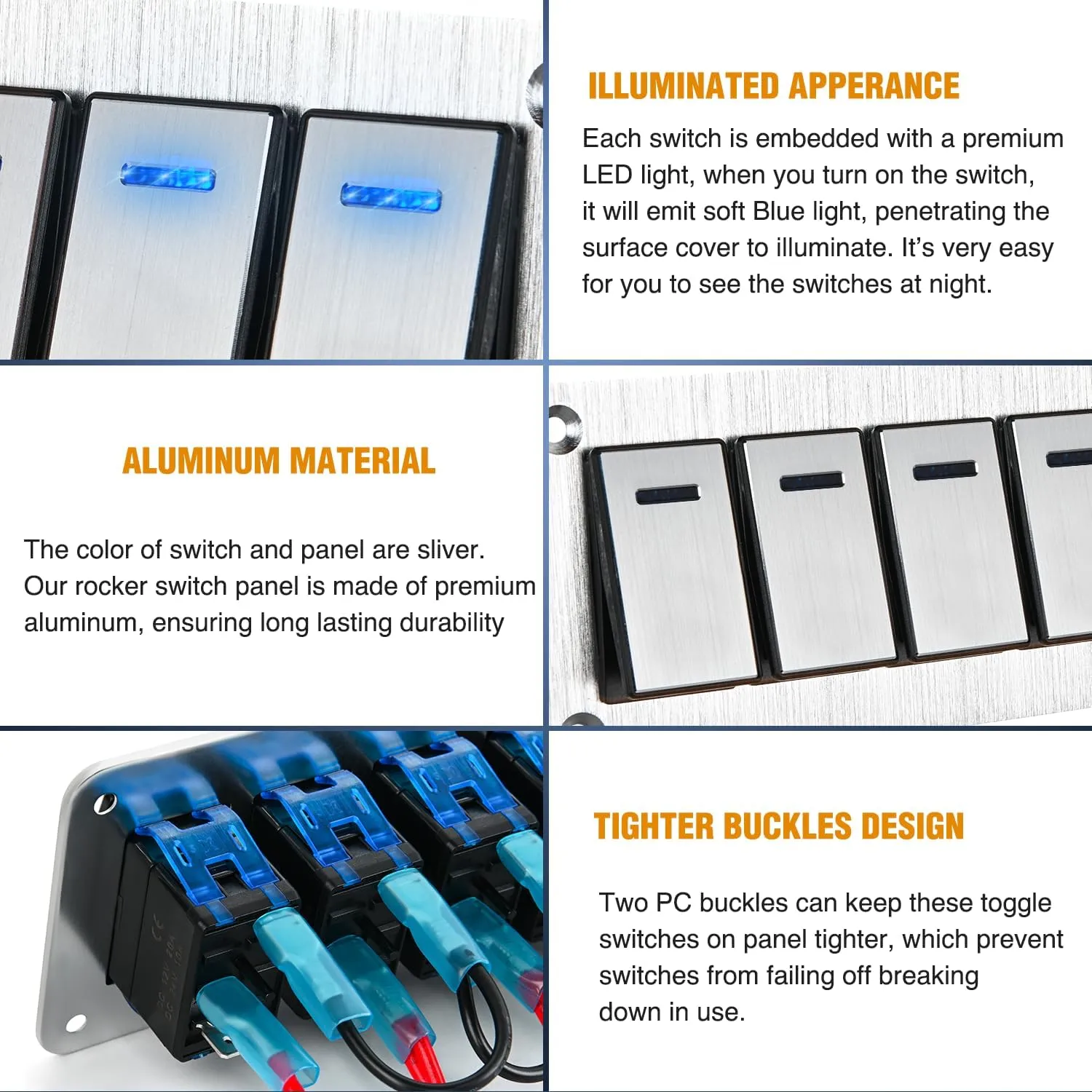 5Gang Aluminum 3Pin ON/Off Blue Led Rocker Switch Panel