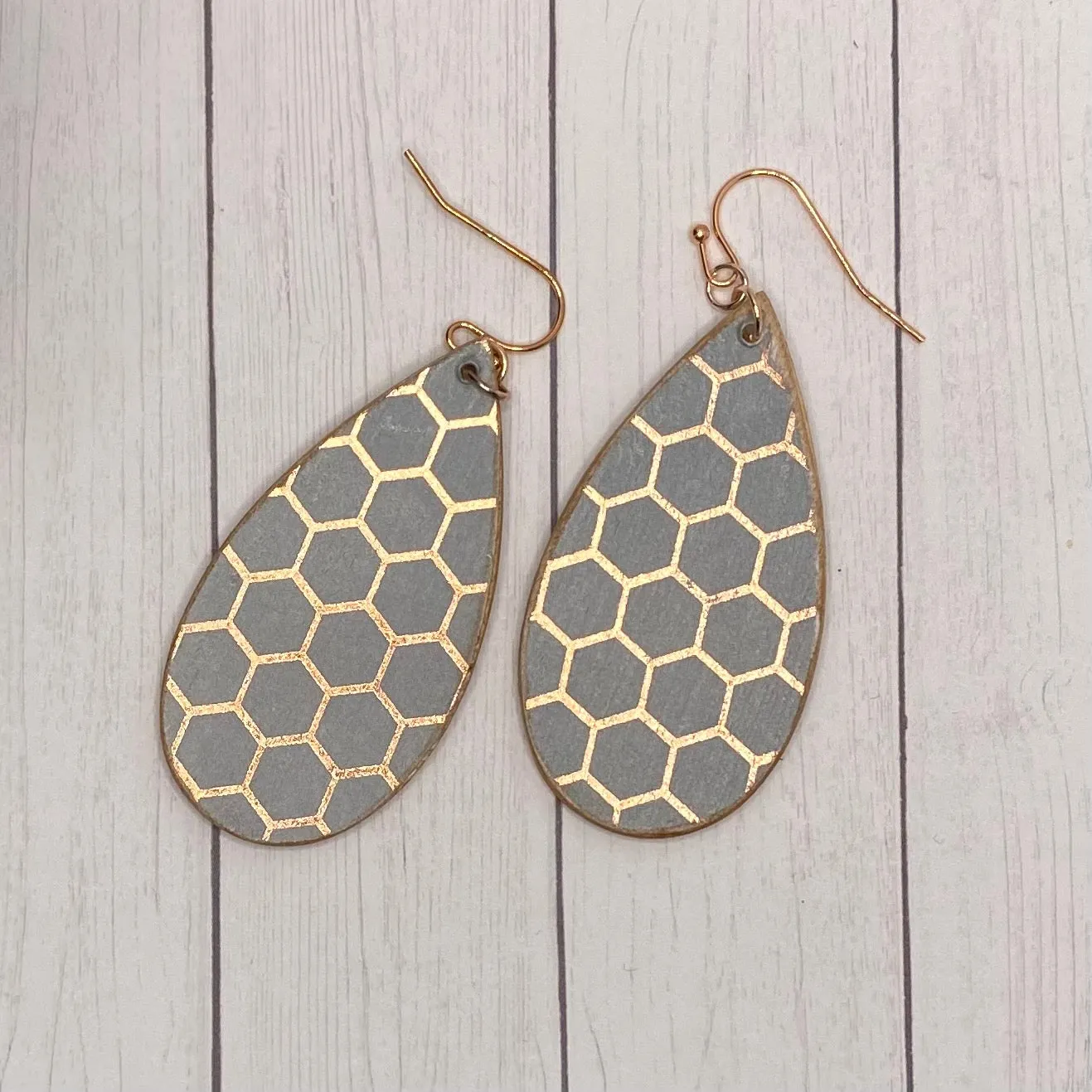 Dusty Purple with Rose Gold Honeycomb pattern Wood Earrings