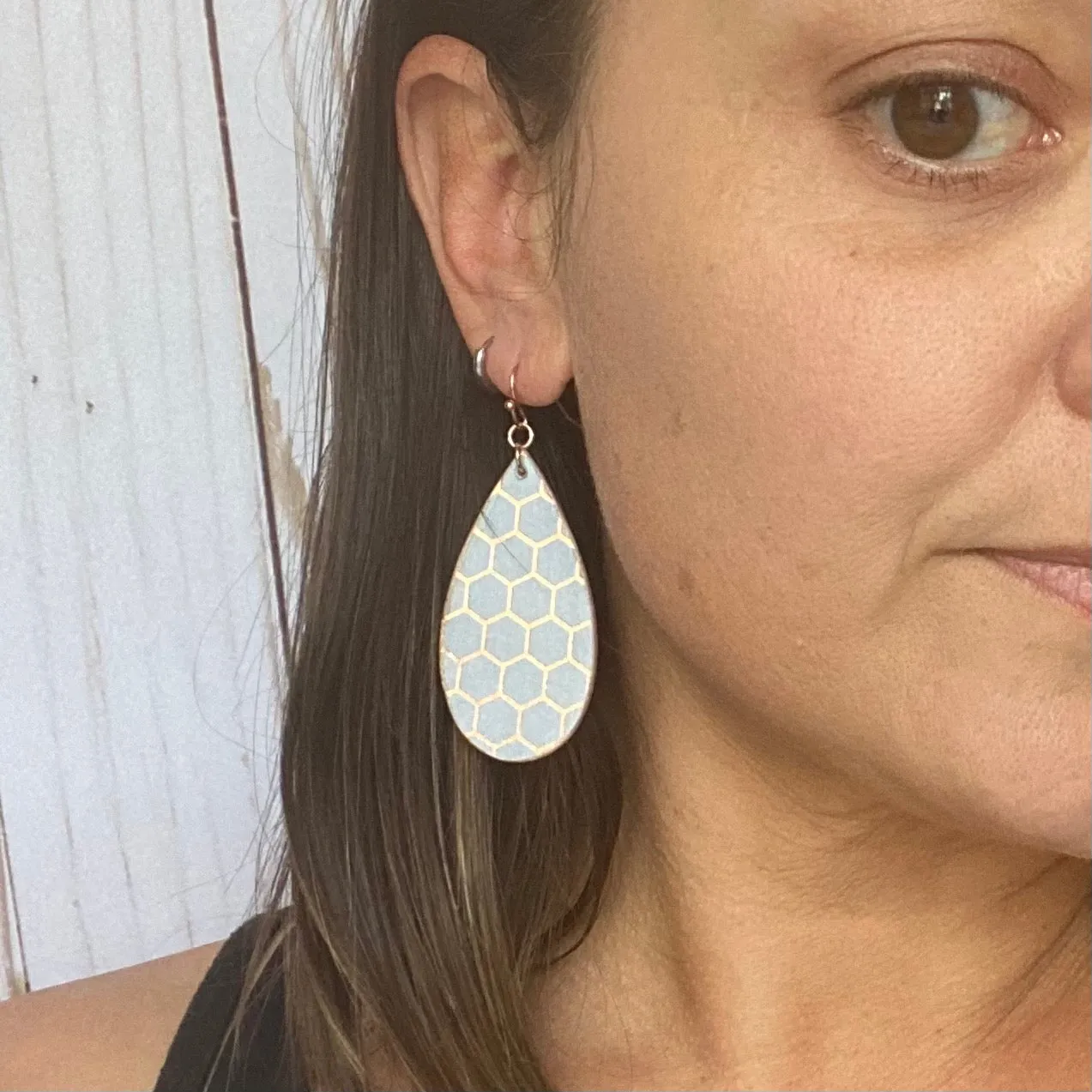 Dusty Purple with Rose Gold Honeycomb pattern Wood Earrings