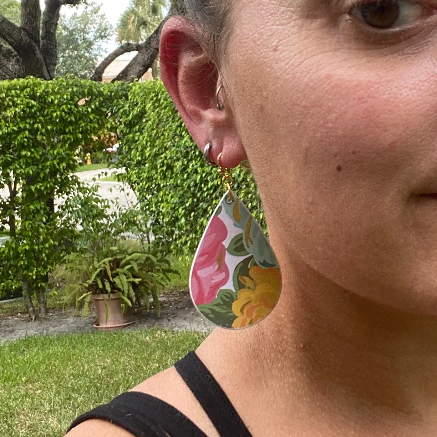 Gold Blue Pink Floral Wood Earrings