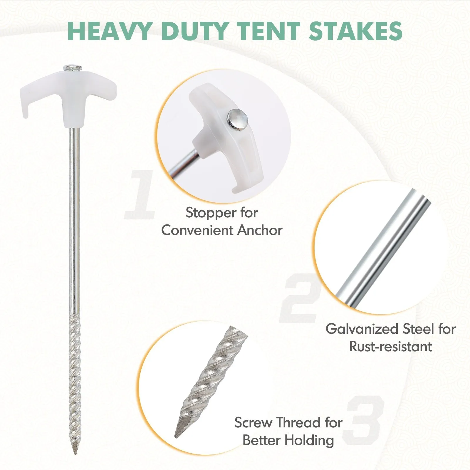 Heavy Duty Galvanized Non-Rust Camping Tent Stakes with 4x10ft Ropes, Steel Stake Pegs for Canopy Gazebo,10pc-Pack