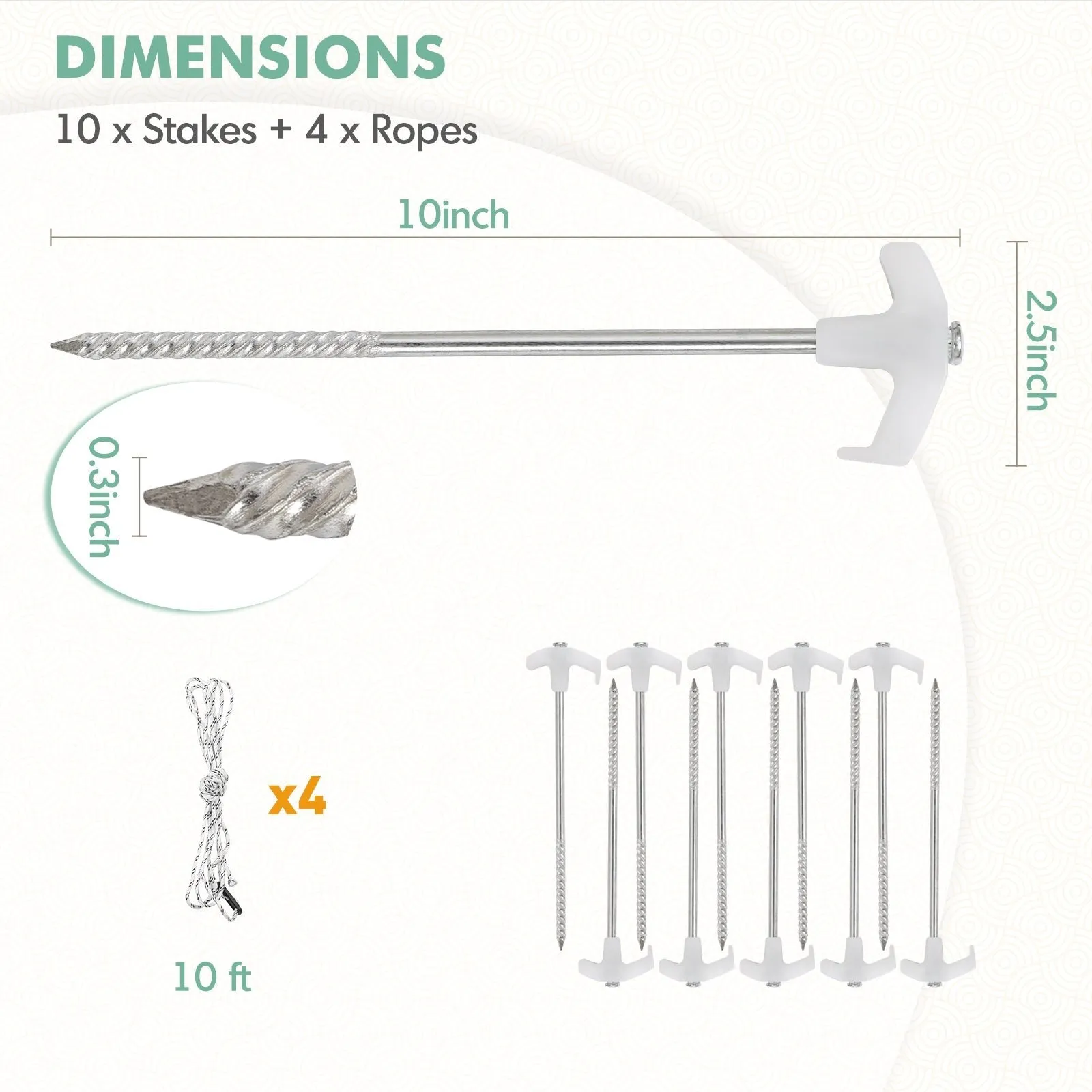 Heavy Duty Galvanized Non-Rust Camping Tent Stakes with 4x10ft Ropes, Steel Stake Pegs for Canopy Gazebo,10pc-Pack