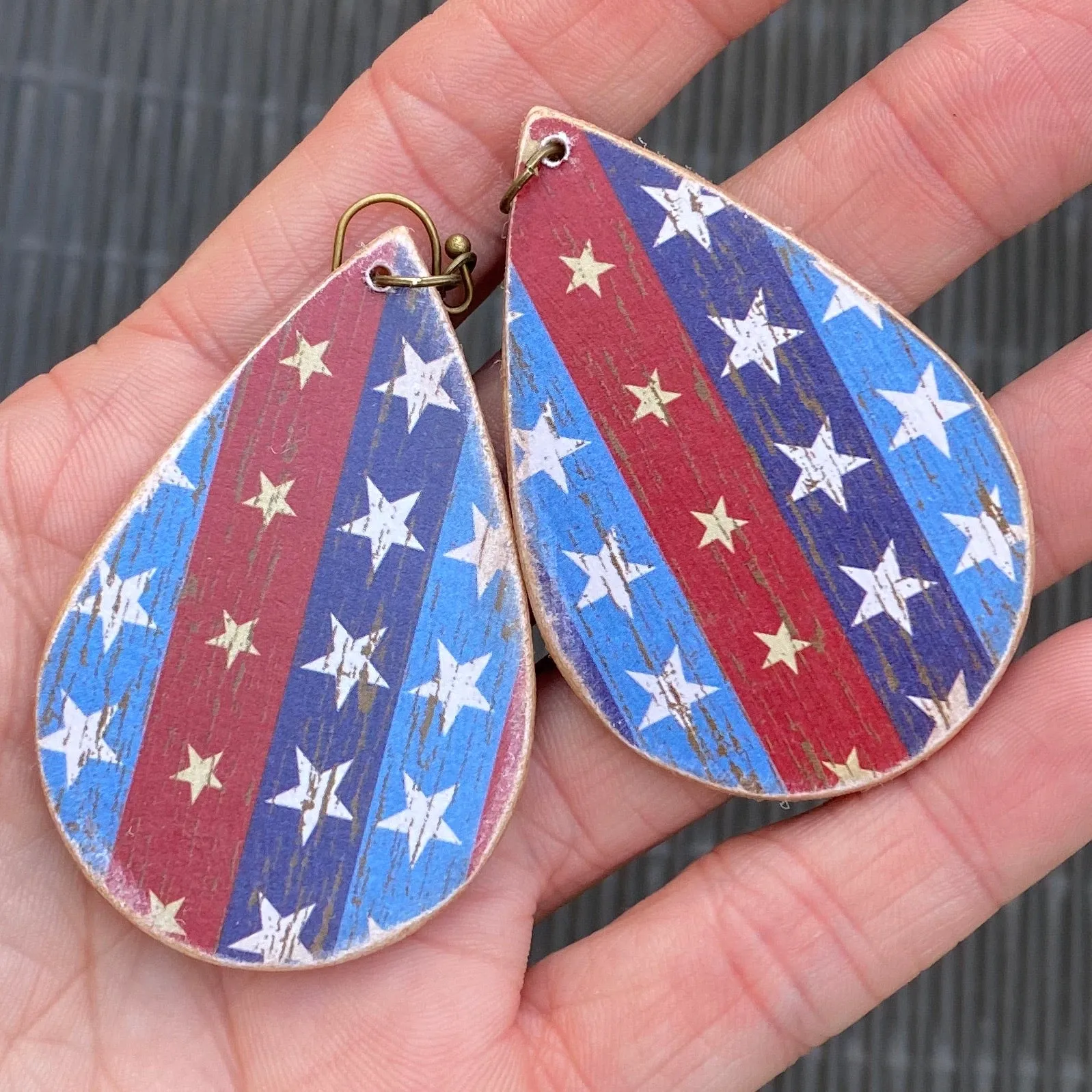Red White Blue Stars  Wood Earrings