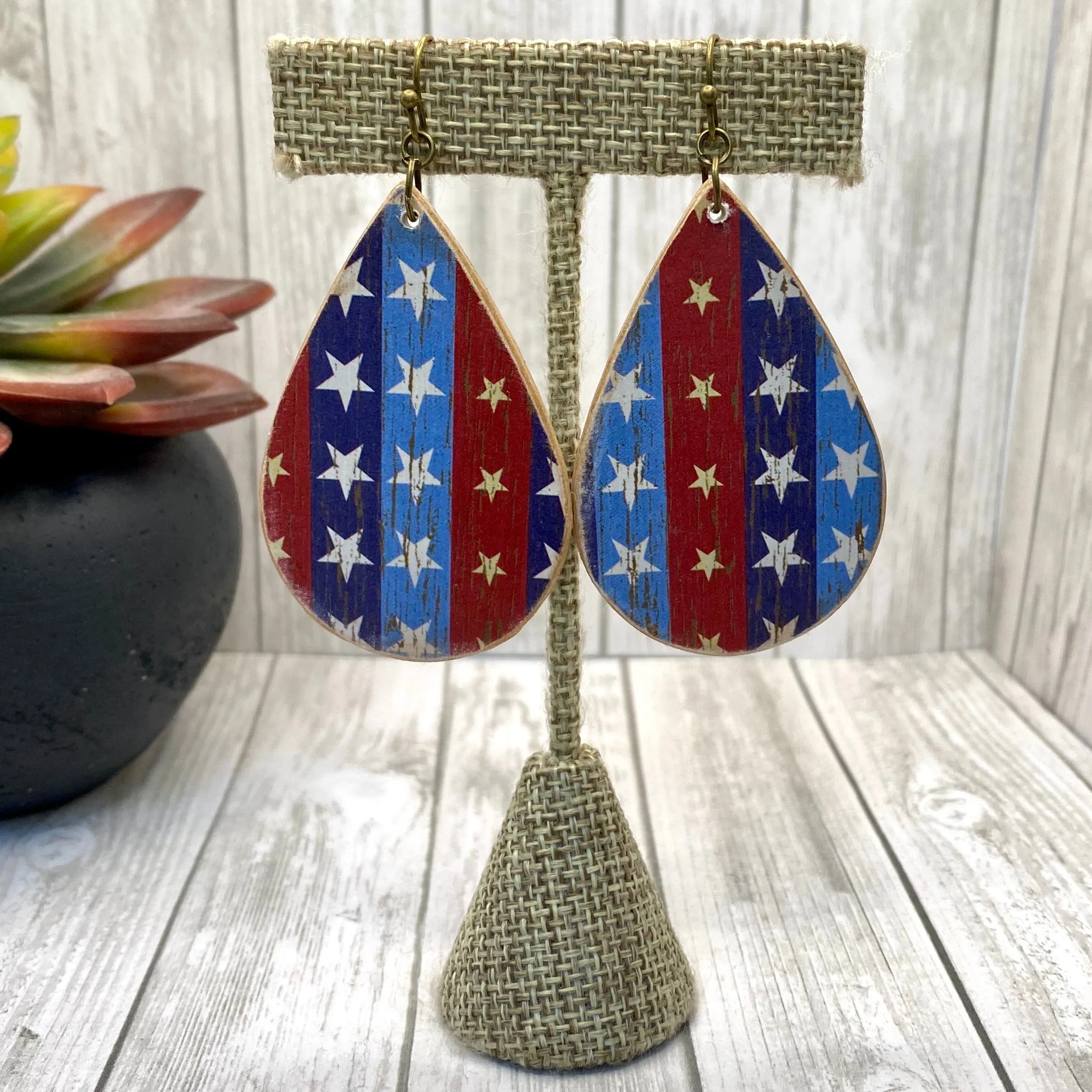 Red White Blue Stars  Wood Earrings
