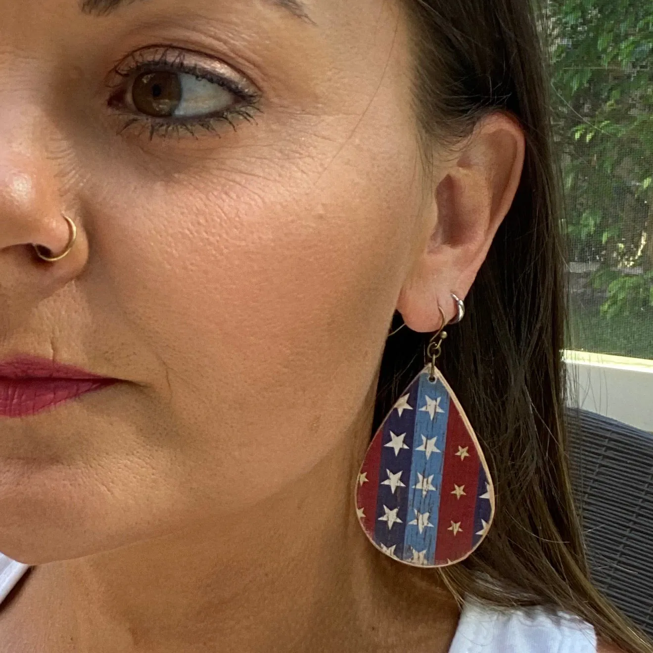 Red White Blue Stars  Wood Earrings