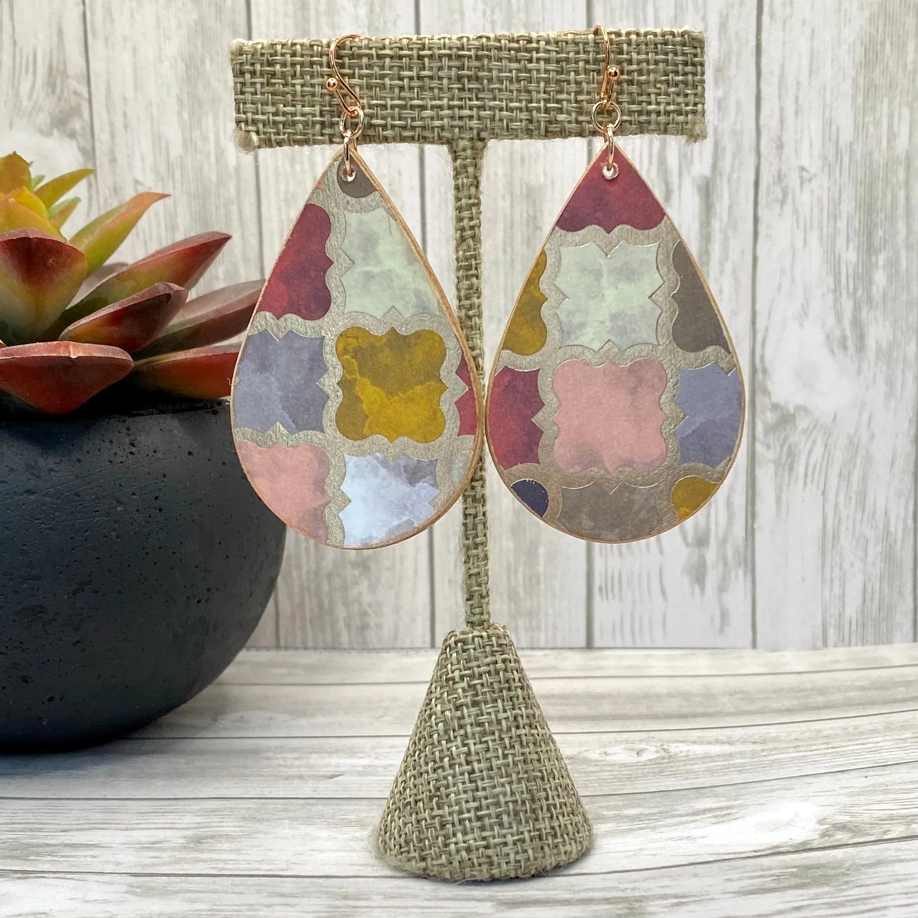 Rose Gold Moroccan Tile Wood Earrings