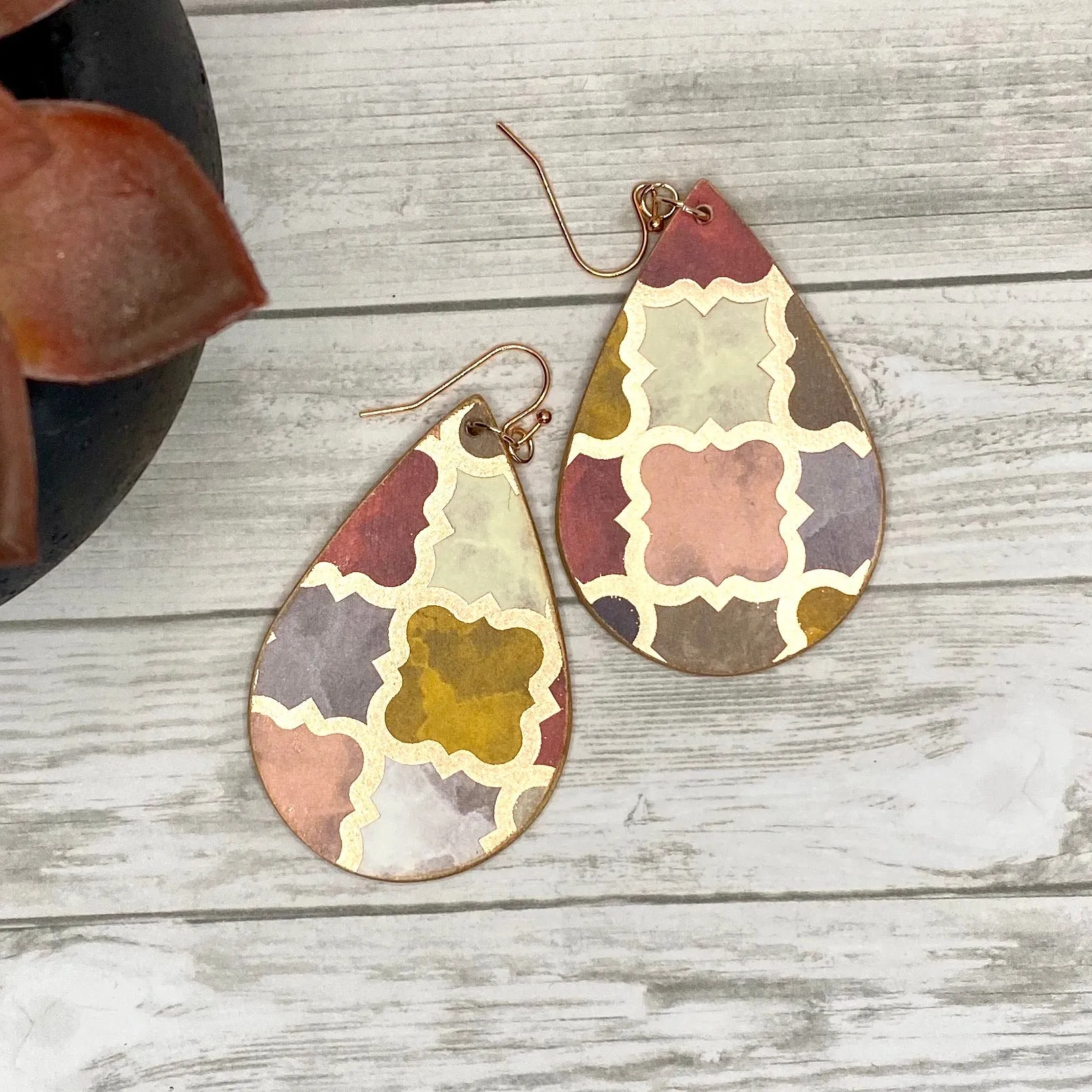 Rose Gold Moroccan Tile Wood Earrings